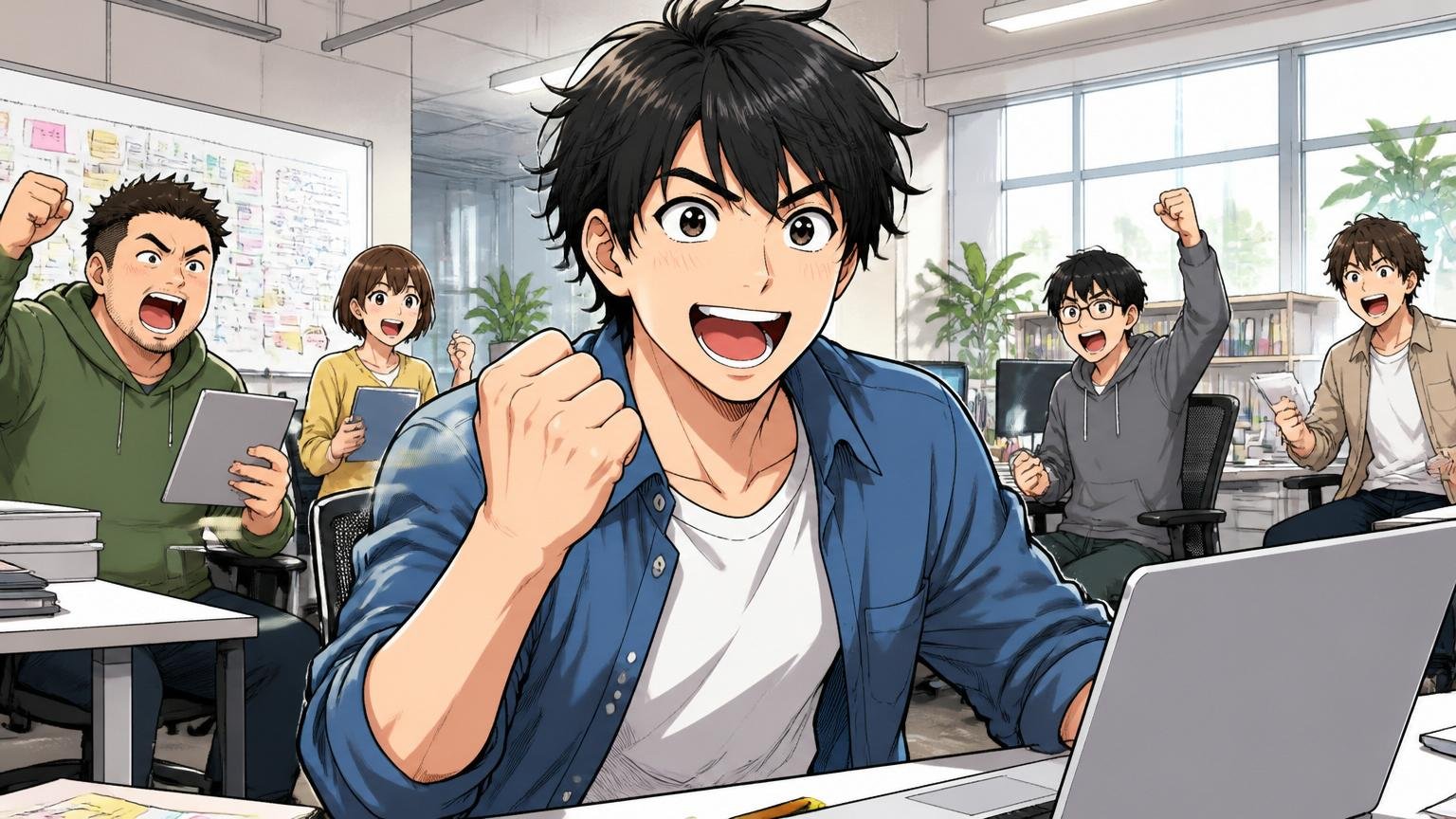 向いている人。スタートアップのオフィスで20代男性が新しい挑戦に前のめりでガッツポーズをする