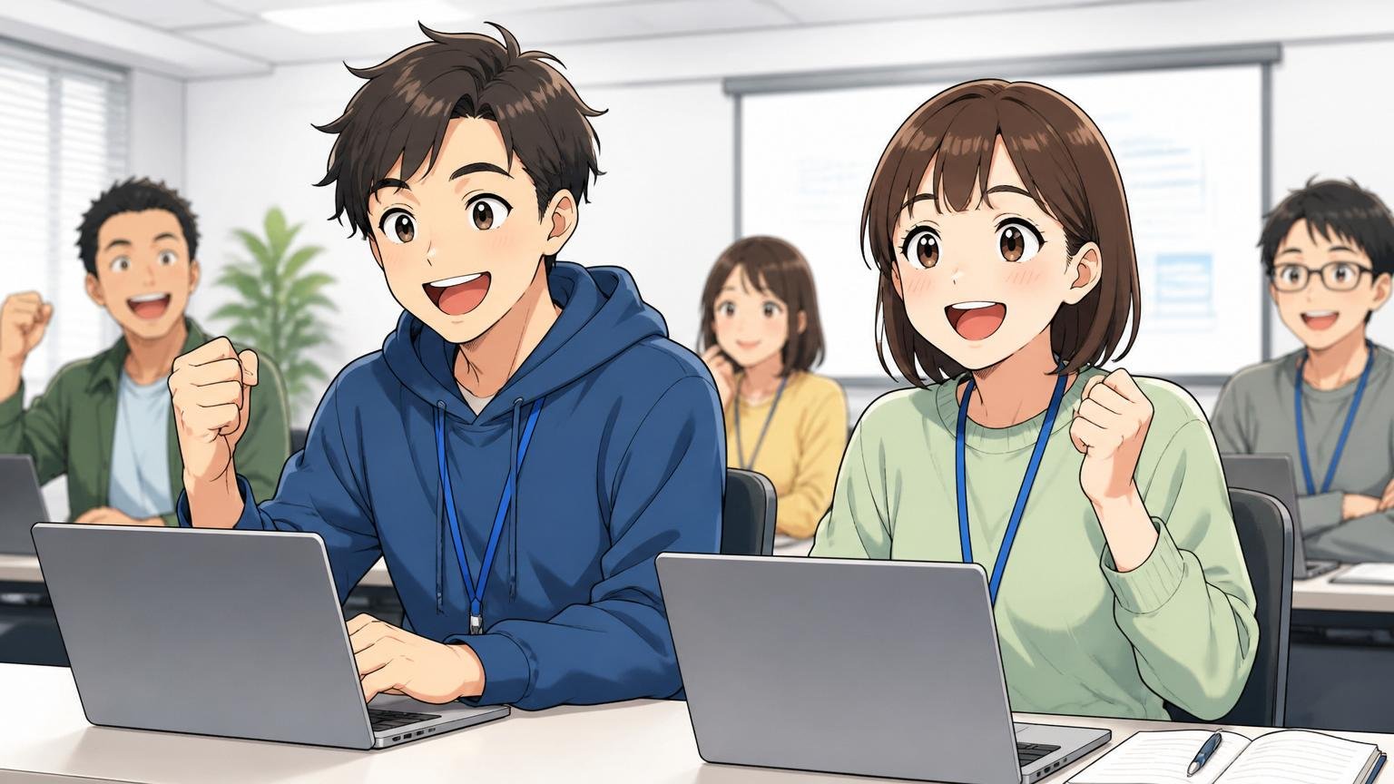 向いている人のタイプ。IT企業の研修ルームで20代の未経験者2人がノートPCで前向きに学ぶ明るい笑顔の表情
