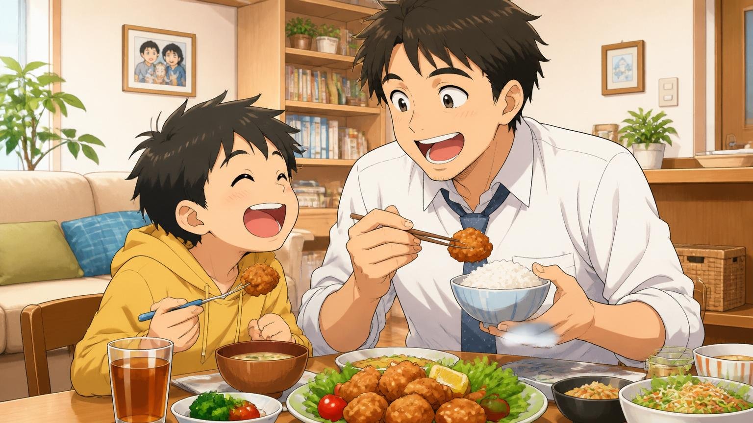 自宅のリビングで子どもと一緒に食卓を囲みながらリラックスして家族と過ごすSIer社員の温かい場面