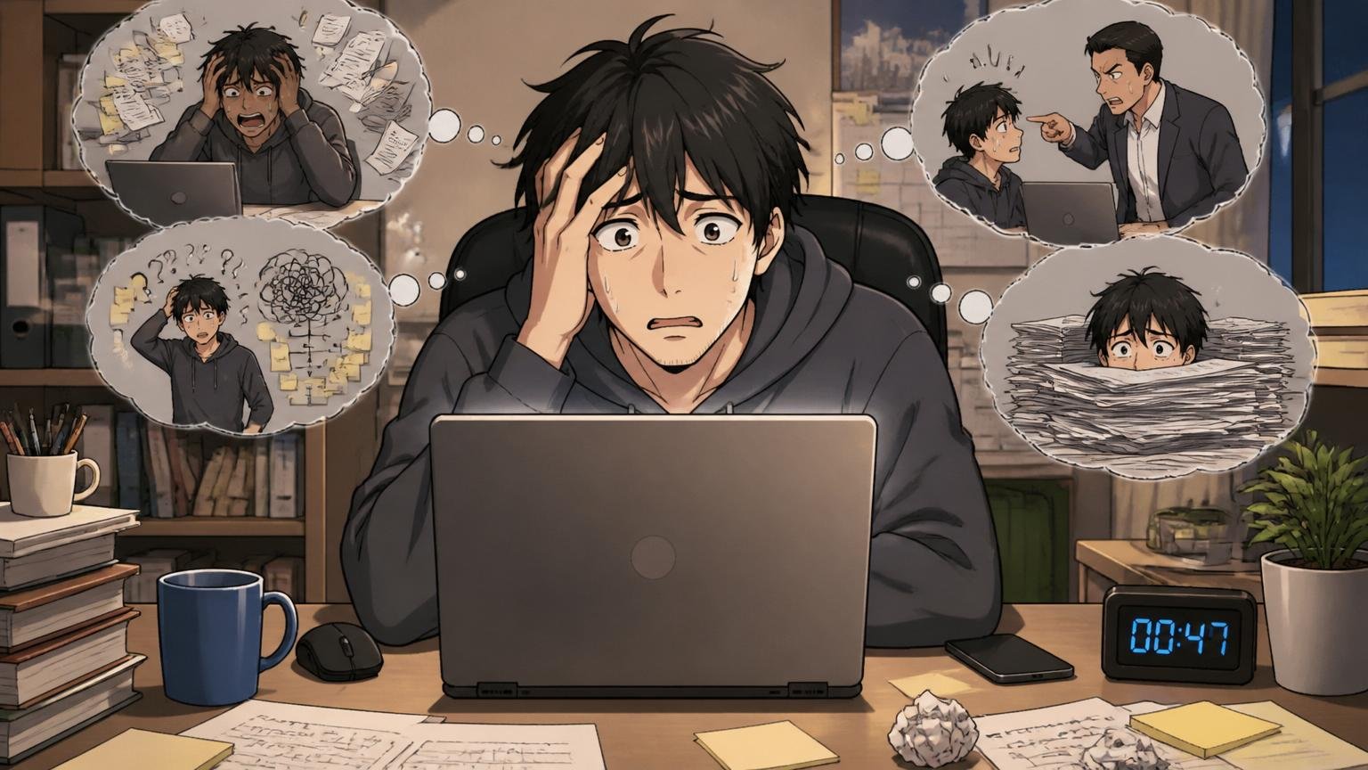 「辞めたい」より「動けない」が本当の不安。深夜の自宅で在宅勤務中の30代男性エンジニア1名がパソコン画面の前で動けず立ち止まる困惑表情