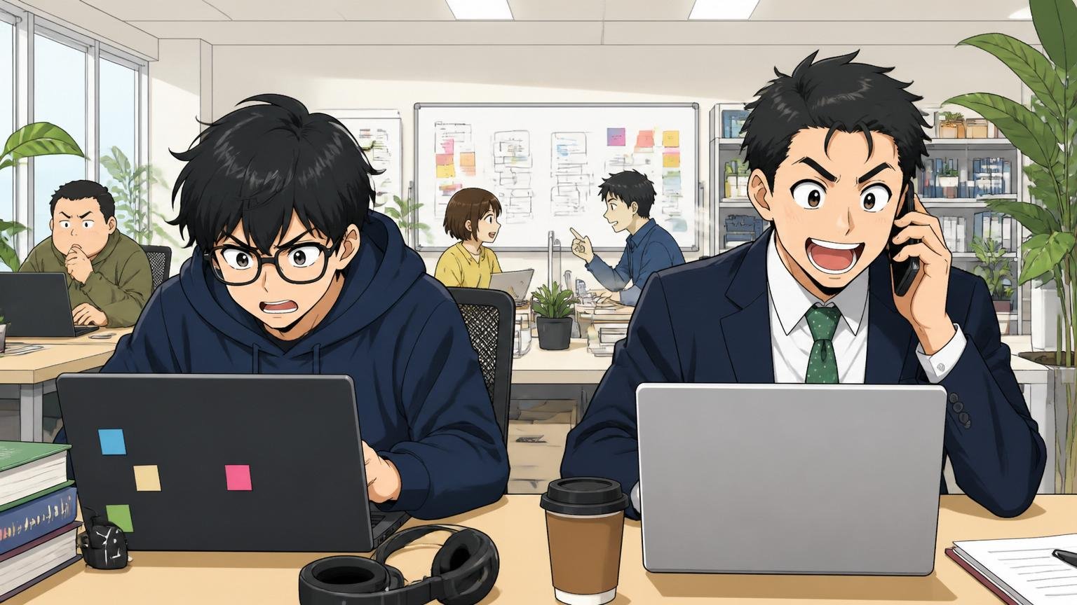 Web系スタートアップのフロアでエンジニアと営業職が並んで座り、それぞれノートPCに向かう様子