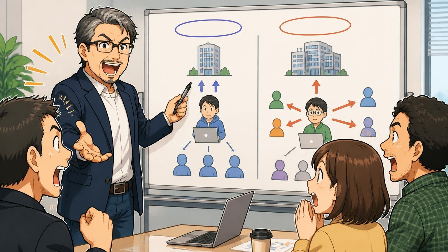 企業の会議室でSESと客先常駐の違いを図で説明するベテランエンジニア, ホワイトボード前で説明する場面