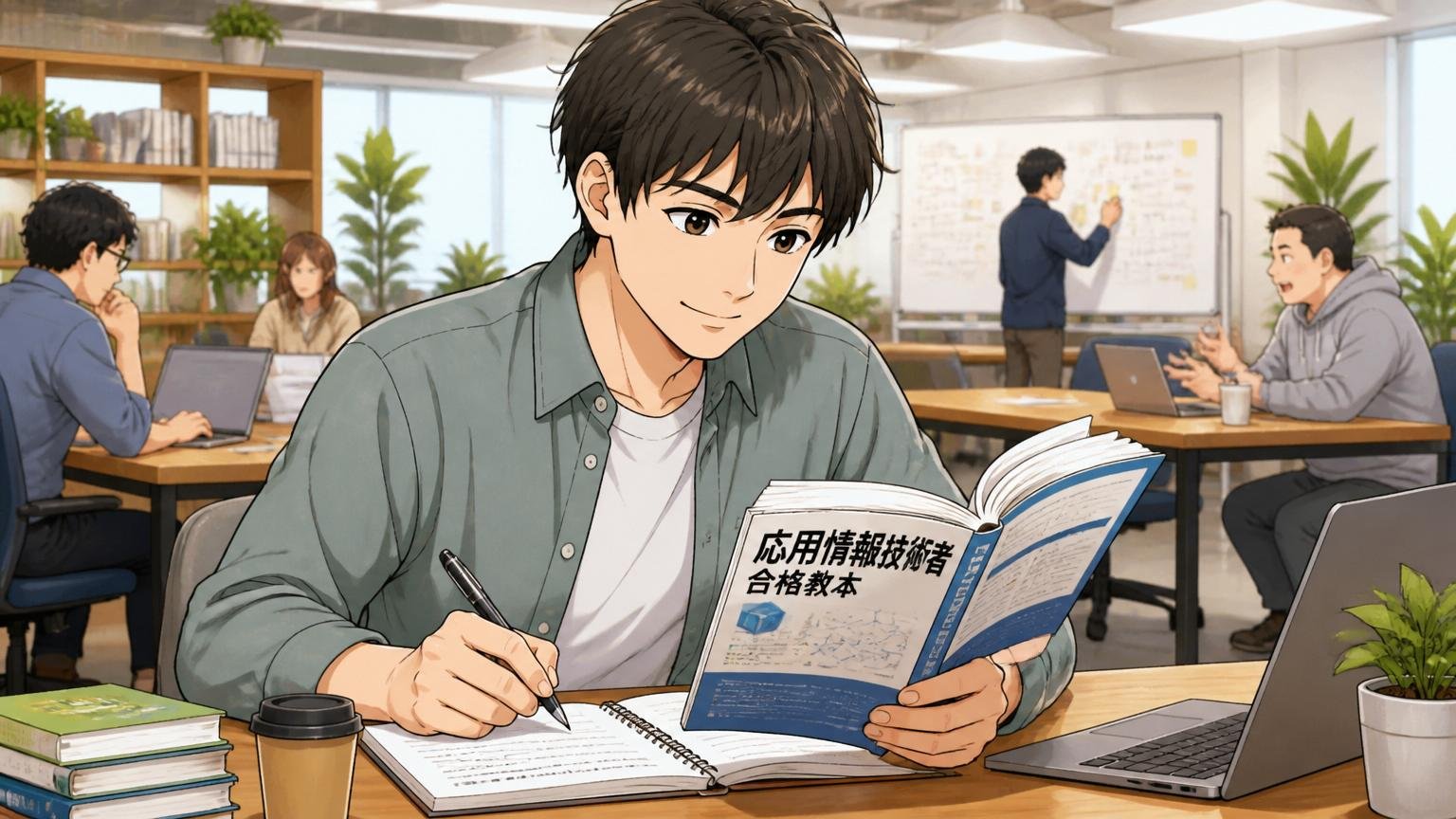 企業のオープンスペースで資格本を読みながらノートを取る20代後半男性エンジニア1名が穏やかに笑う場面