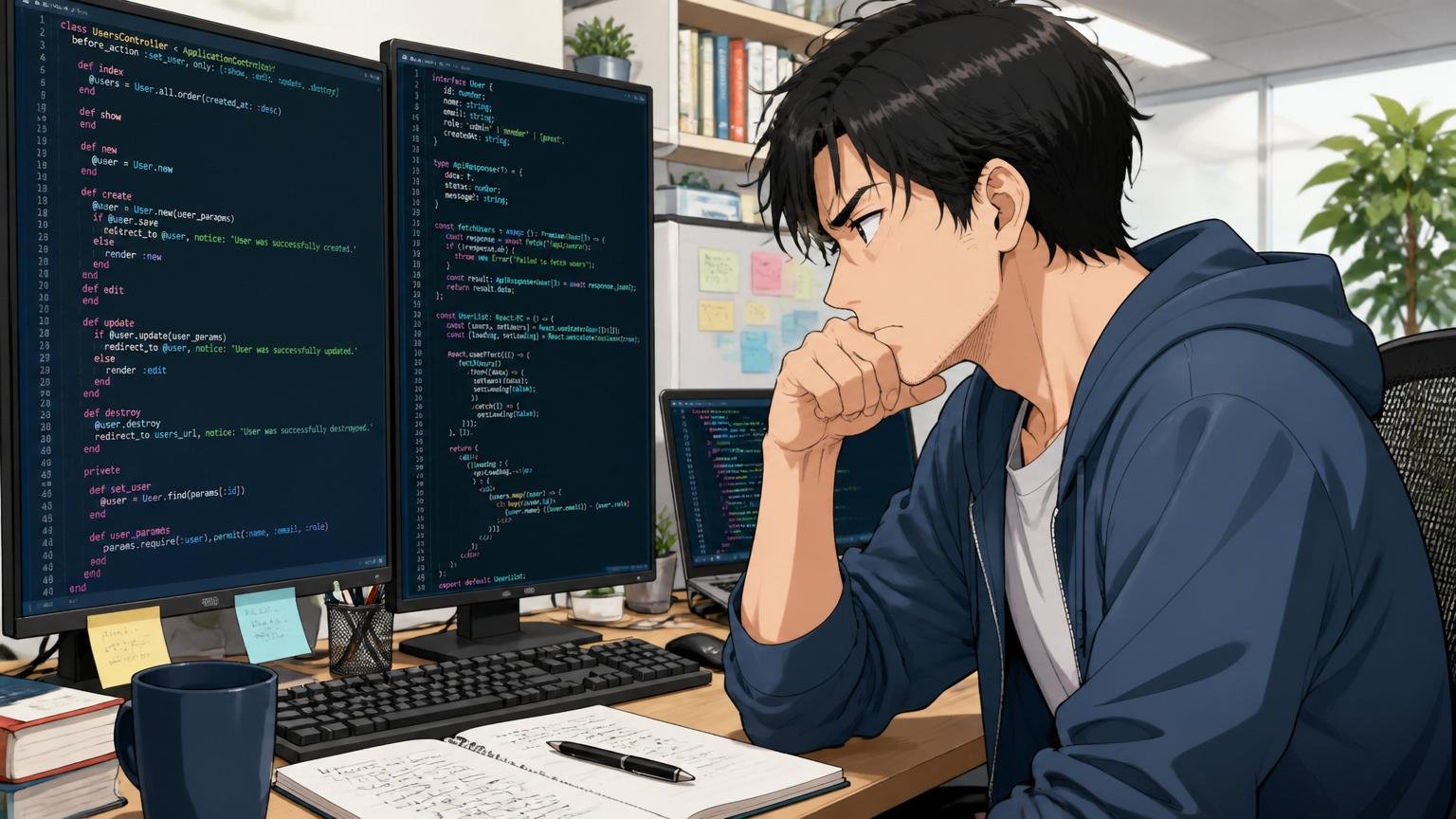 Web系SaaSの開発スペースで複数のモニターにRailsとTypeScriptのコードが映る前で30代男性エンジニア1名が考え込む
