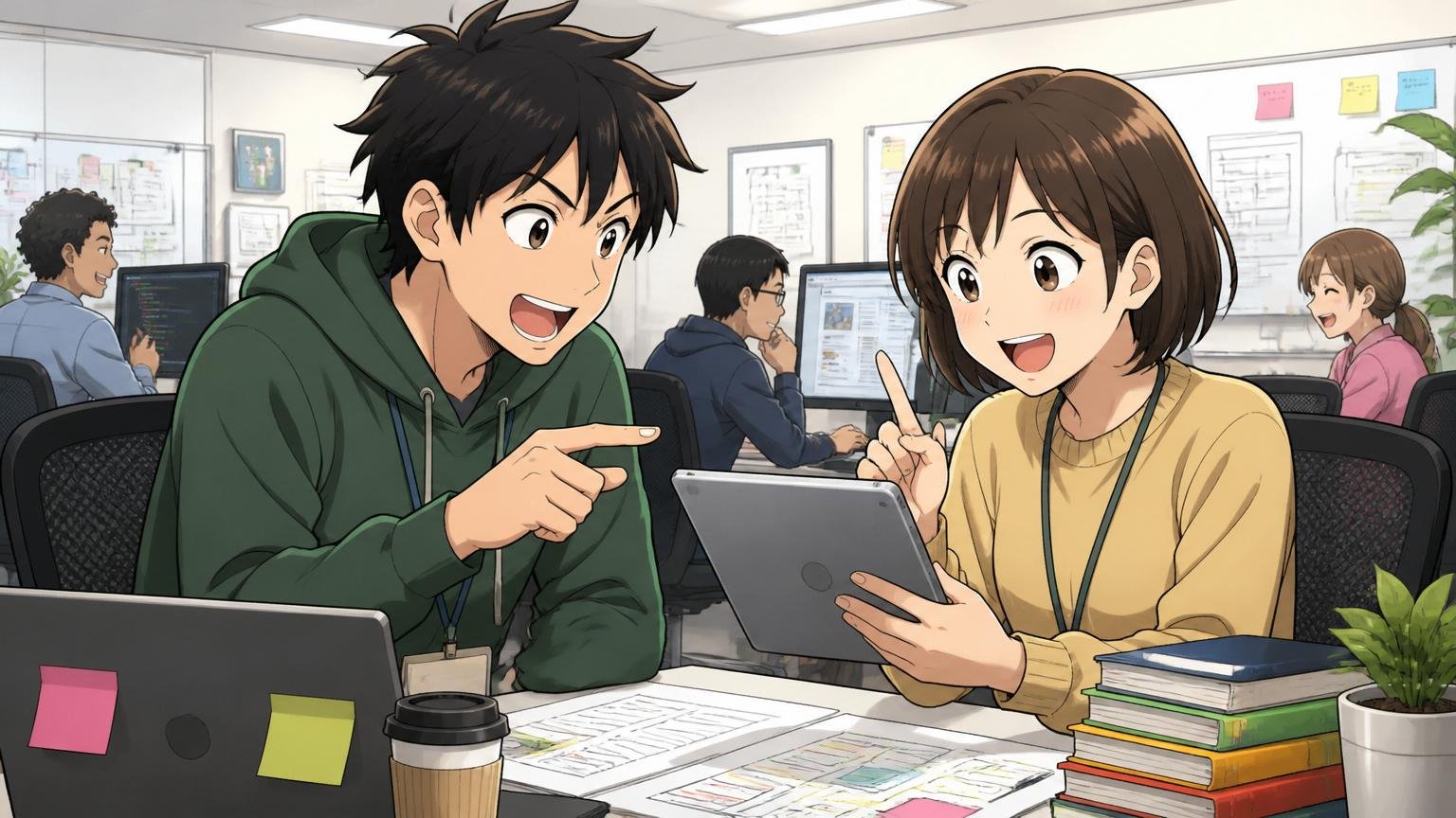 Web系IT企業のオフィスで電子書籍コンテンツに情熱を持つ男女エンジニアが楽しそうに議論するシーン