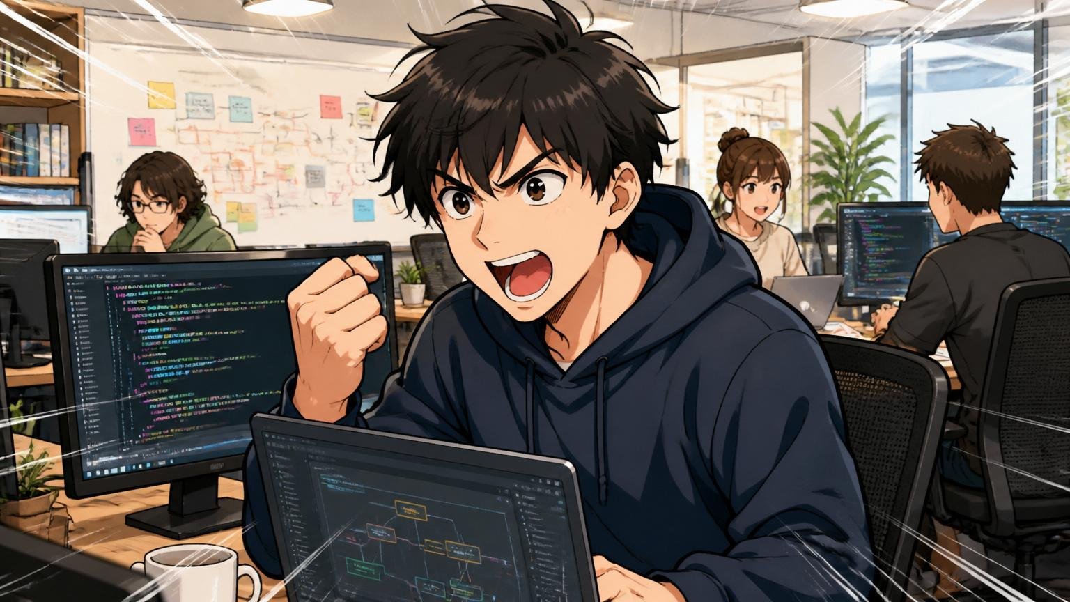 向いていない人(挑戦×技術特化型)。Web系スタートアップのオフィスでモダン技術を扱いたい20代エンジニアが燃える表情