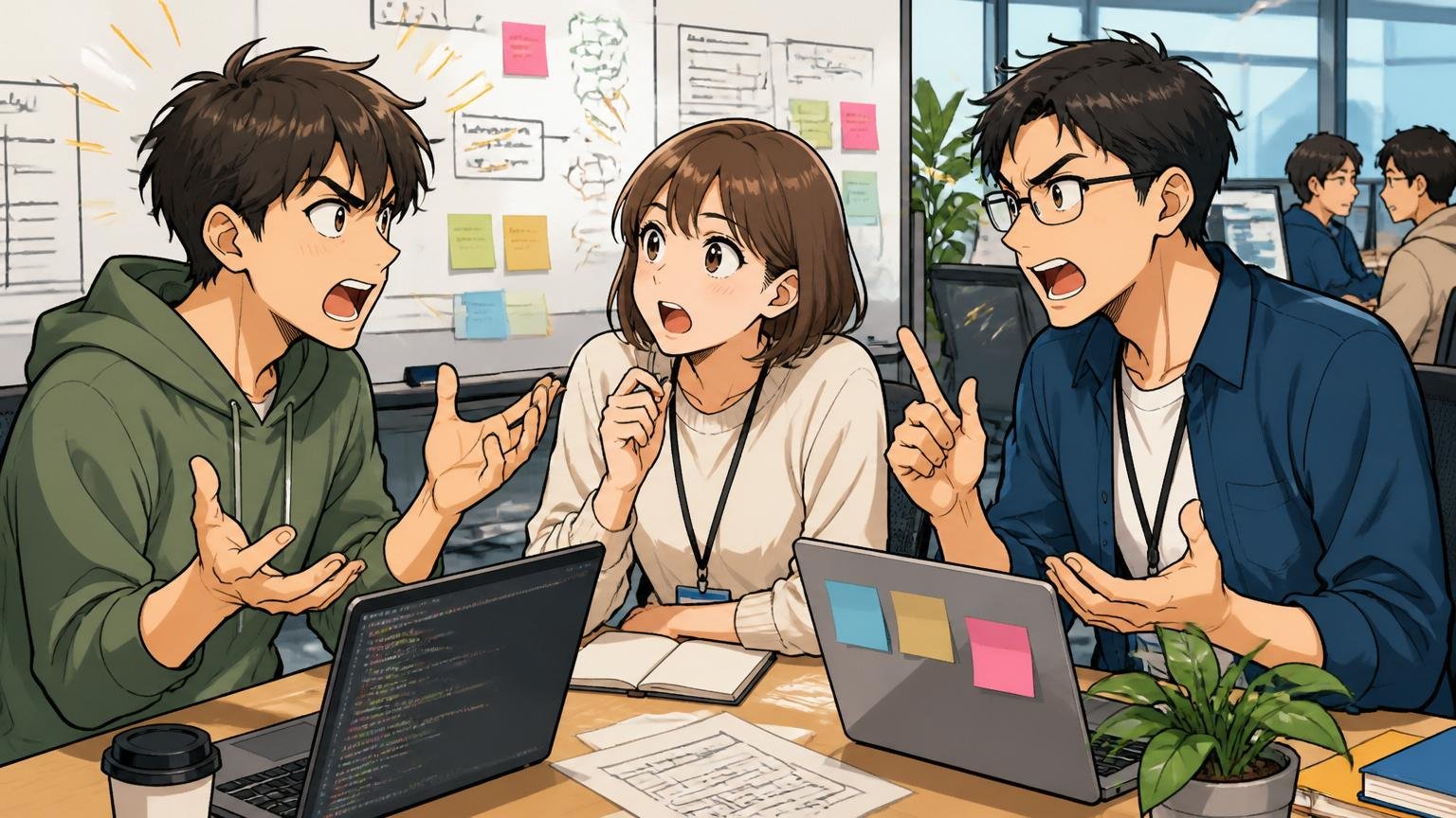 向いていない人の3タイプ、Web系スタートアップのオフィスで成長志向で議論する20代男女エンジニア3人