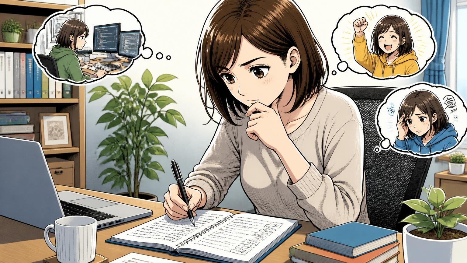 自問自答するエンジニア。自宅のデスクで在宅勤務、30代女性1人がノートに自己分析を書き出す姿