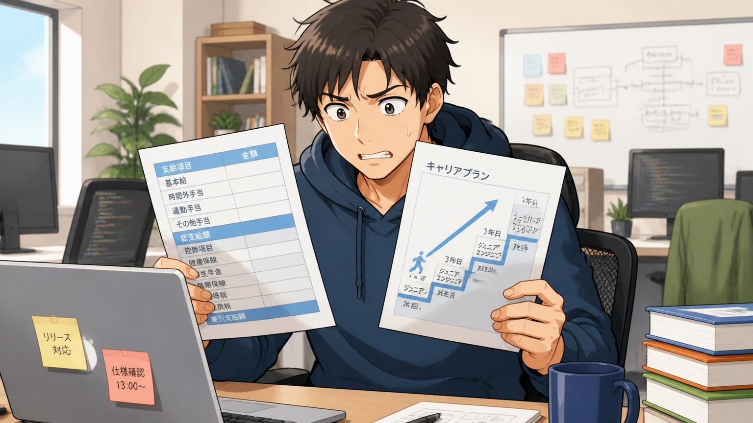 Web系スタートアップのオフィスで給与明細とキャリアプランの書類を見比べる30代エンジニア