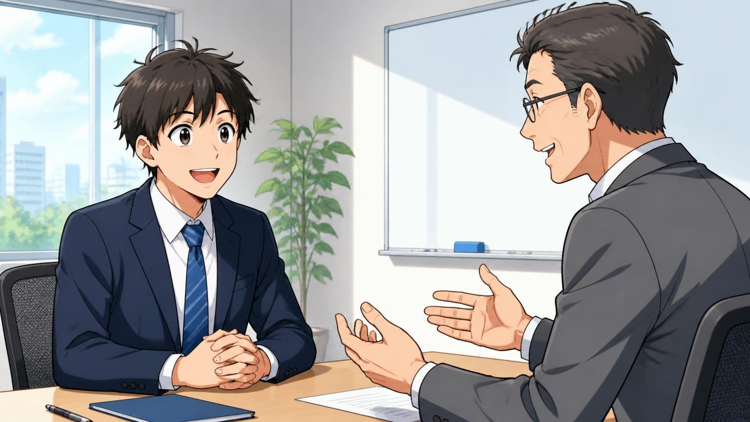 企業の会議室で面接・若手エンジニア1人と人事マネージャー1人がフラットに会話する明るい場面