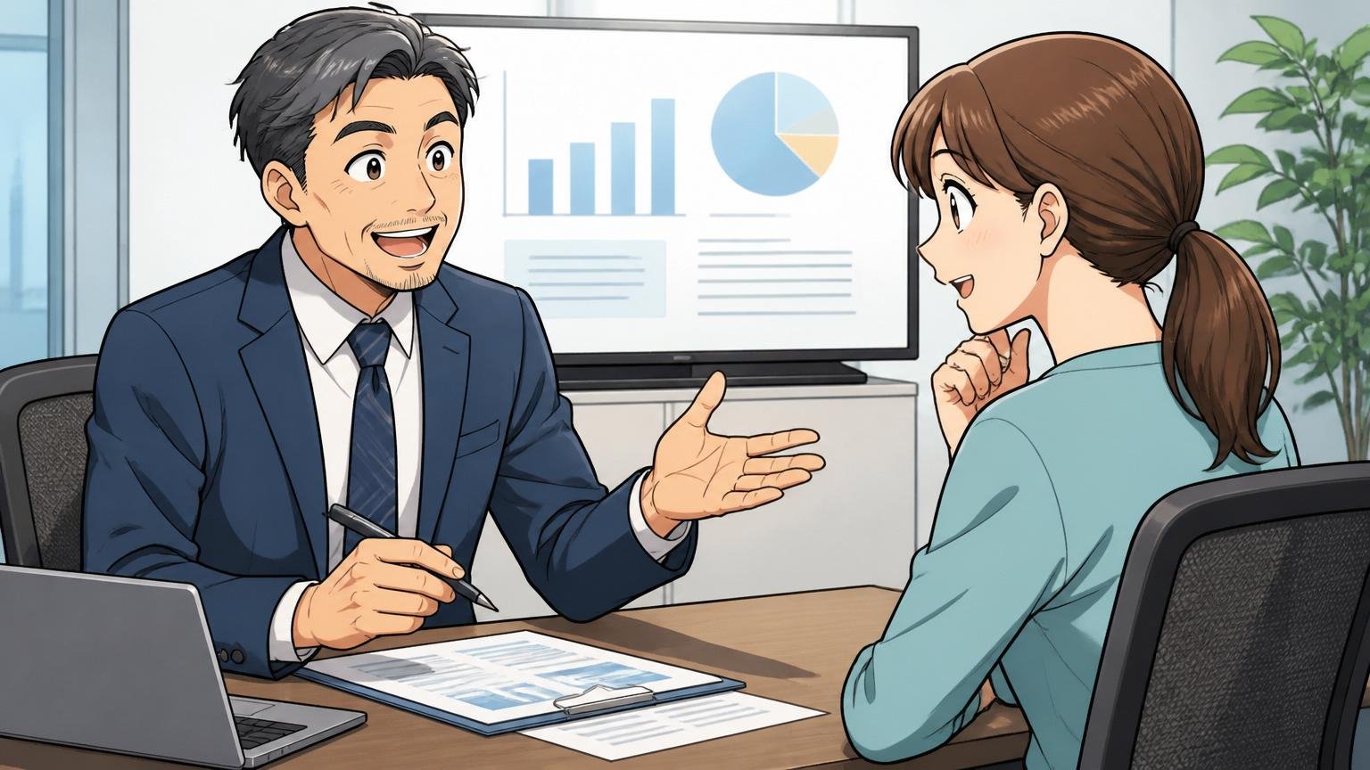 IT経験者向け転職エージェントなら無料で全部まとまる。企業の会議室で40代男性のキャリアアドバイザーと30代女性エンジニアが面談する2人
