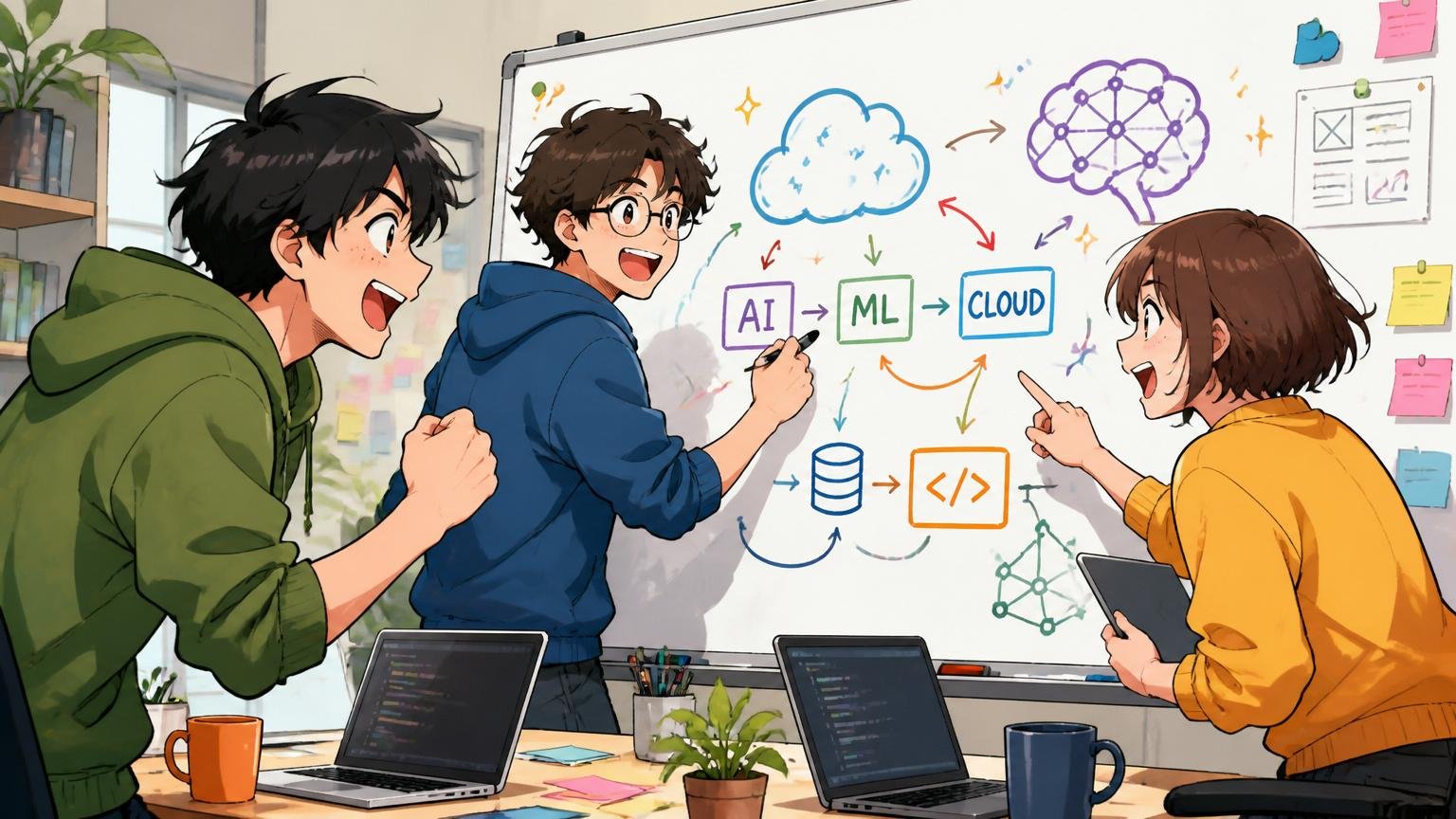 Web系スタートアップのオフィスでホワイトボードに最新技術を書きながら議論する20代エンジニア3人、テンション高め