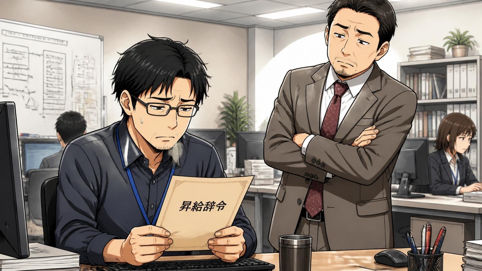オフィスのデスクで昇給辞令を眺めながら少し肩を落とす30代後半男性エンジニアと、横に立つ40代上司