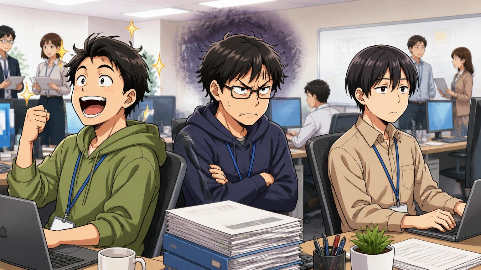 「やばい」の中身は人によって違う。場所=SIerのオフィス。登場人物=3人のエンジニア。動作=それぞれ別の表情（笑顔／不満／中立）