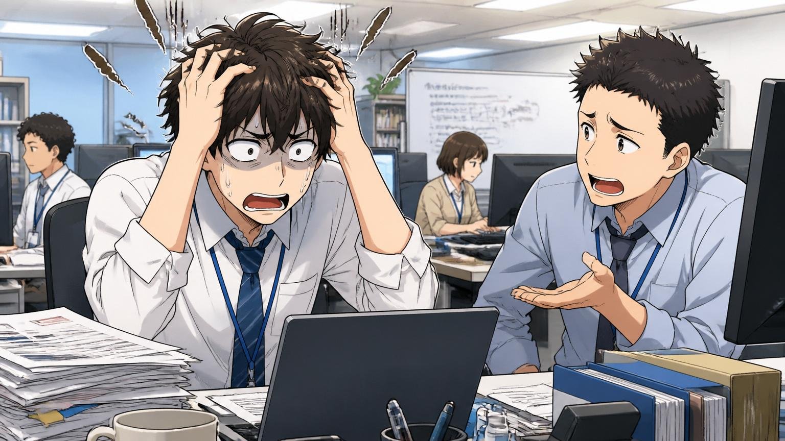 向いていない人の特徴を語るシーン|SIerデスクで違和感を抱えて頭を抱える若手エンジニアと共感する同僚