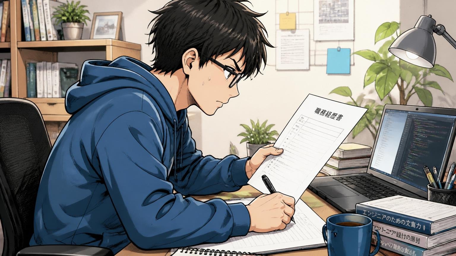 自宅のデスクで在宅勤務しながら職務経歴書を書き直す男性エンジニア1名の集中した真剣な横顔