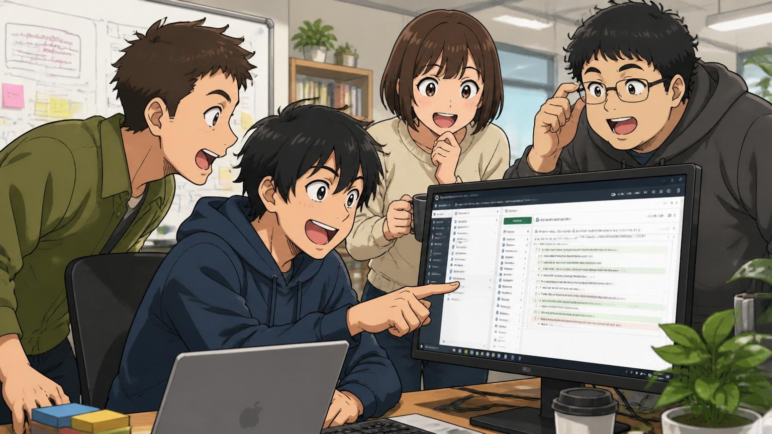 Web系スタートアップのオフィスでGitHubの画面を見ながら個人開発の議論をする20代エンジニア複数名
