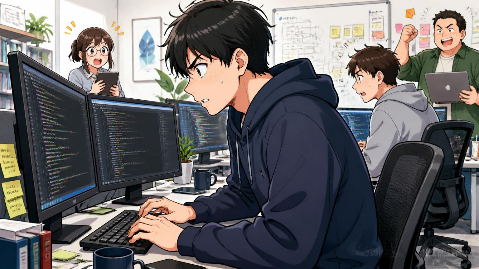 自社プロダクトの開発に没頭する若手エンジニア、Web系スタートアップのオフィスで複数モニターに向かいコードを書く2人のエンジニア