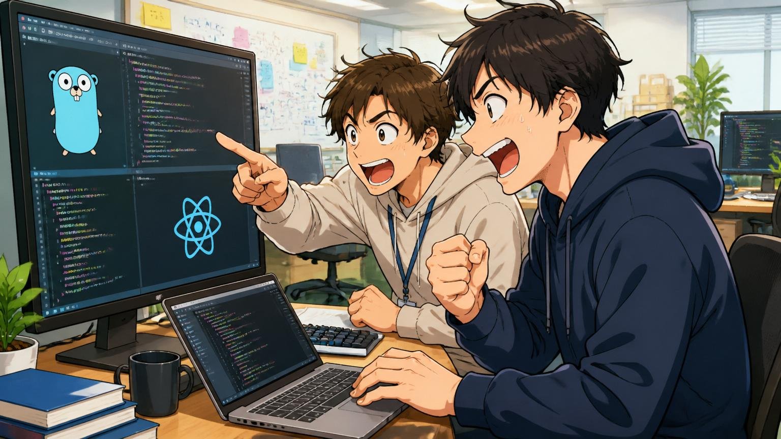 Web系スタートアップのオフィスでGoやReactのコードをモニターに映しながら20代エンジニア2人が興奮気味にコーディングしている