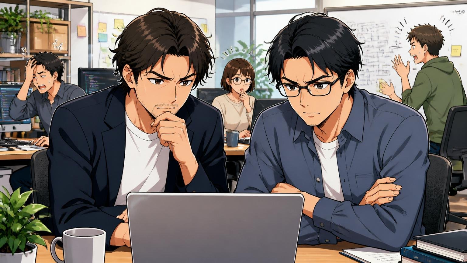 CLINKSが向いていない人を解説。Web系スタートアップのオフィスで自社プロダクトを長期開発したい中堅エンジニア2人の真剣な表情