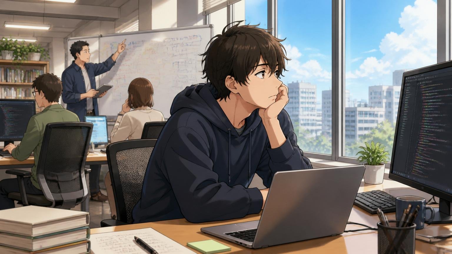 向いていない人の特徴｜Web系スタートアップのオフィスでコードを書きたそうに窓の外を眺める20代後半男性エンジニア1人