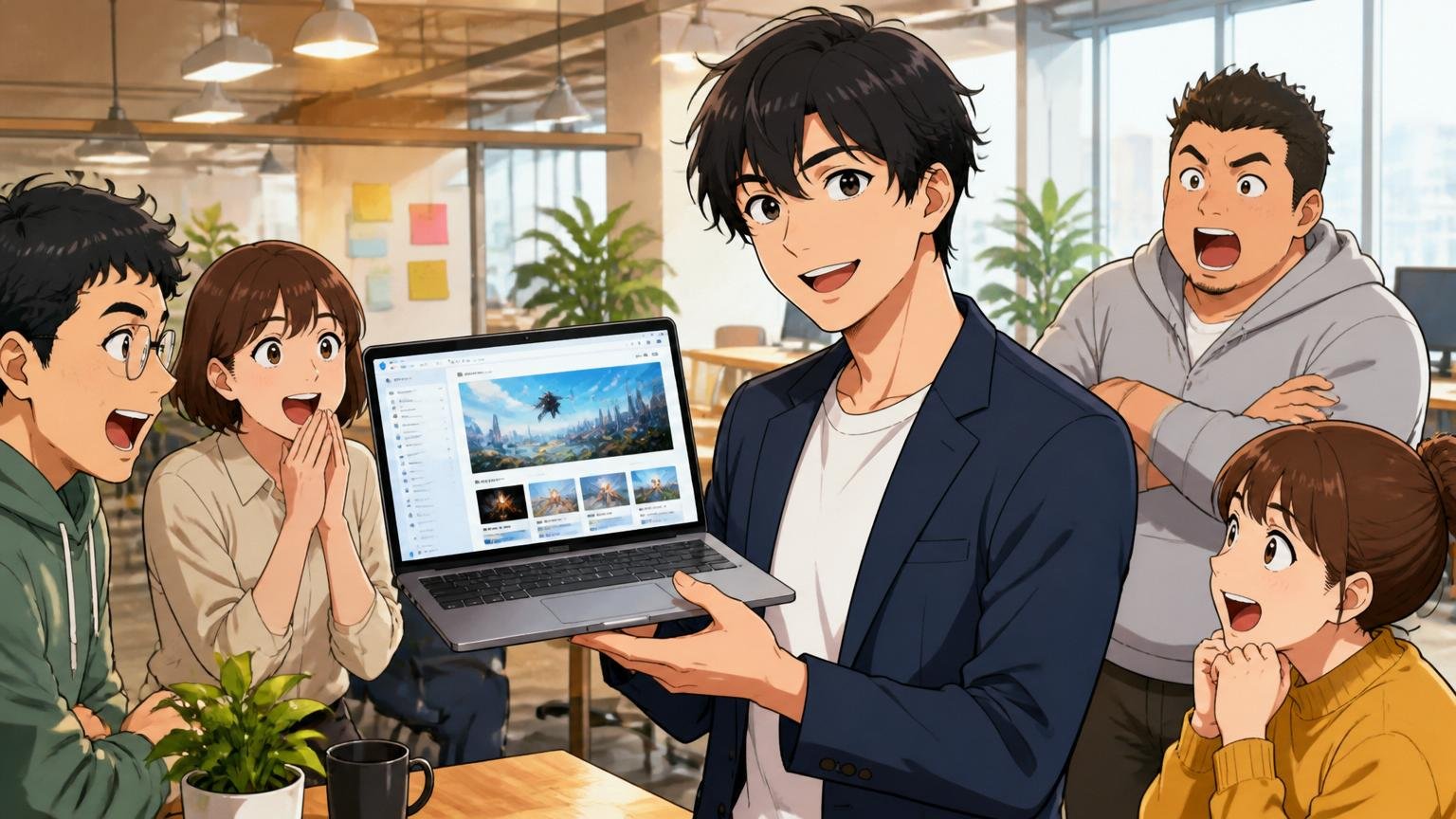 キャリア軸が明確な若手、Web系スタートアップのオフィスで自分のポートフォリオを見せる20代男性、自信ある表情