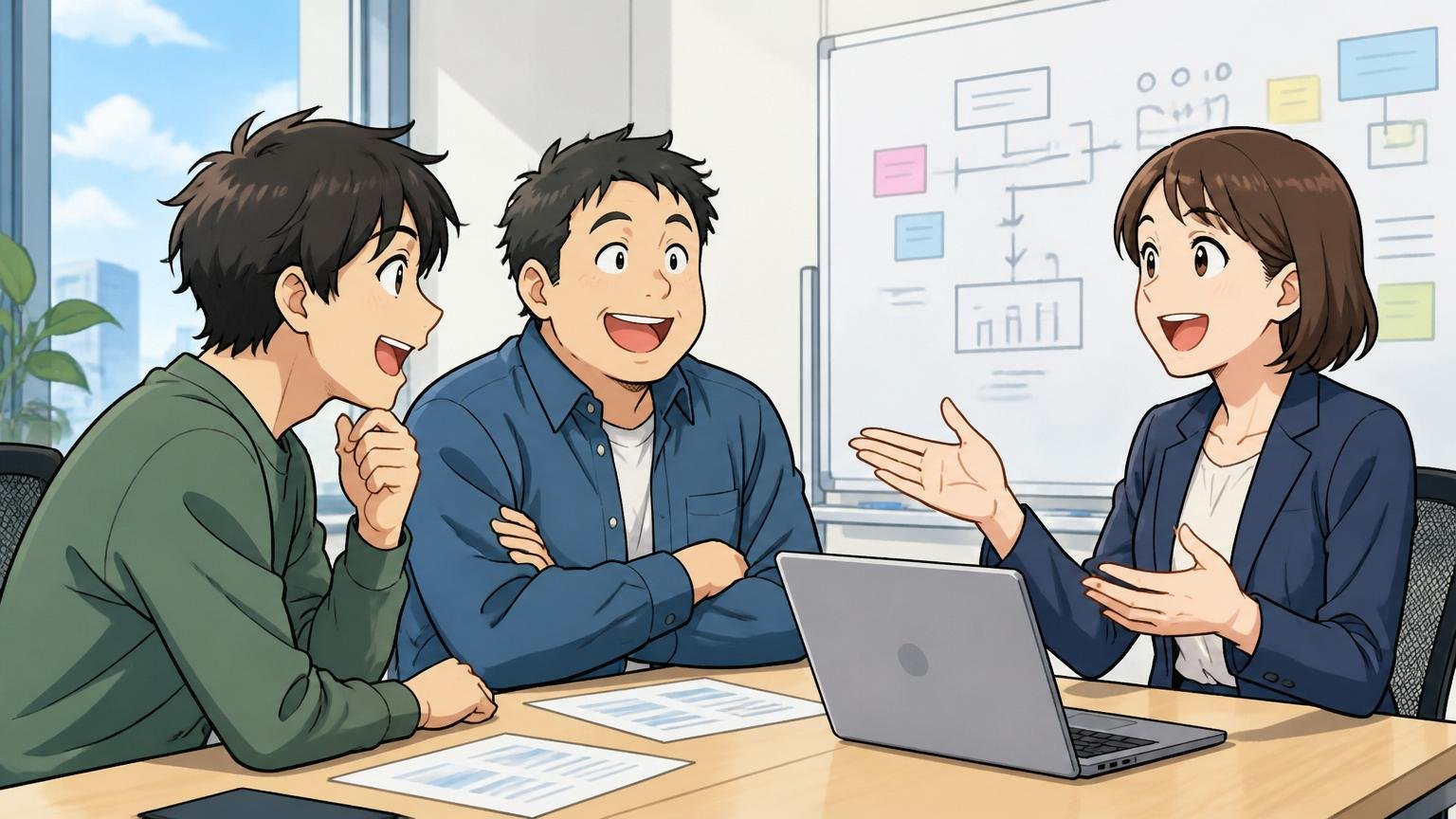 企業の会議室でIT特化型エージェントの担当者と求職者2人がキャリア面談で笑顔で話す様子