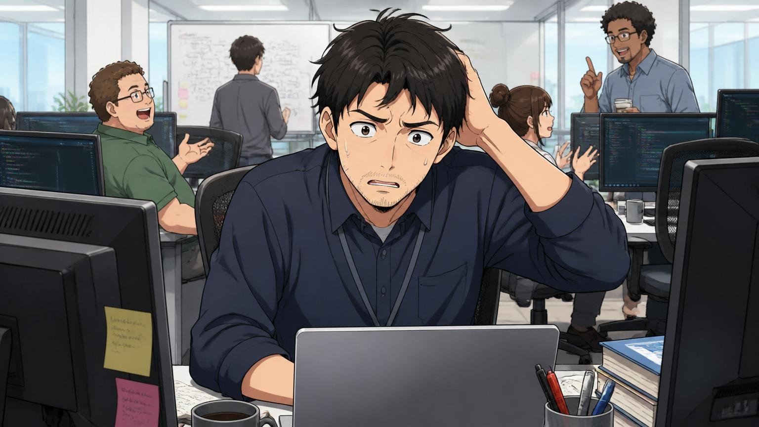外資系ITオフィスのデスクで一人で戸惑った表情を浮かべる中堅エンジニア