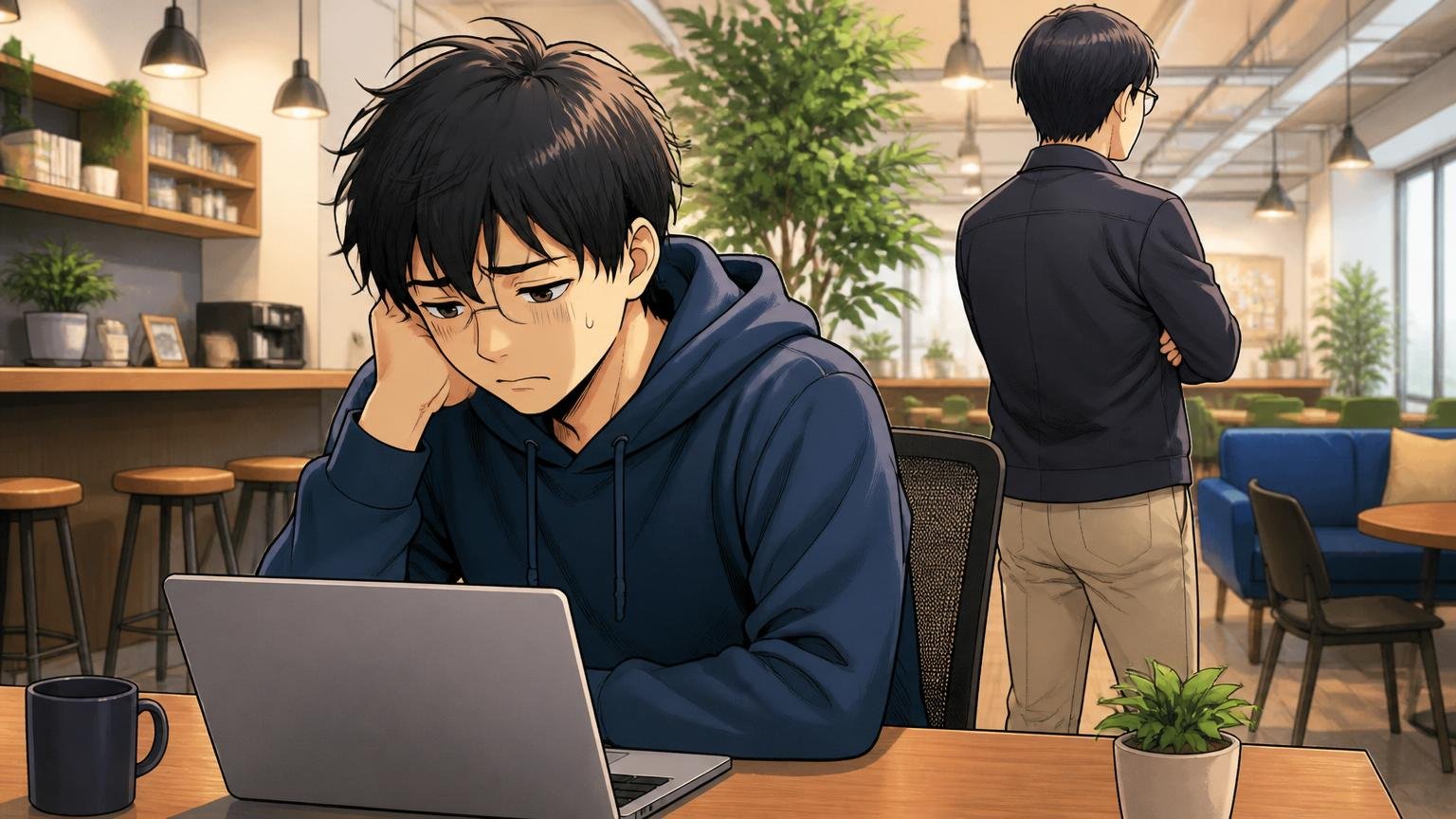 NECネクサソリューションズに向いていない人5タイプ。Web系スタートアップのカフェスペースで20代エンジニアがノートPCを前に居心地悪そうに肩を落とし上司の背中を眺める