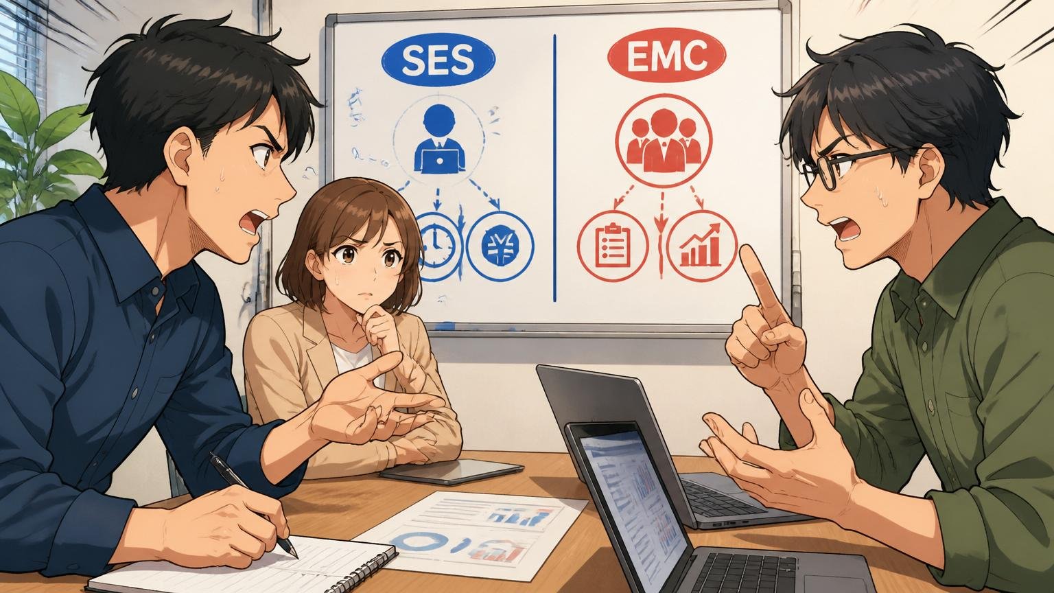 SESとEMCの違いを比較するシーン。Web系企業の会議室で男性2名・女性1名、契約形態の違いを議論する真剣な表情
