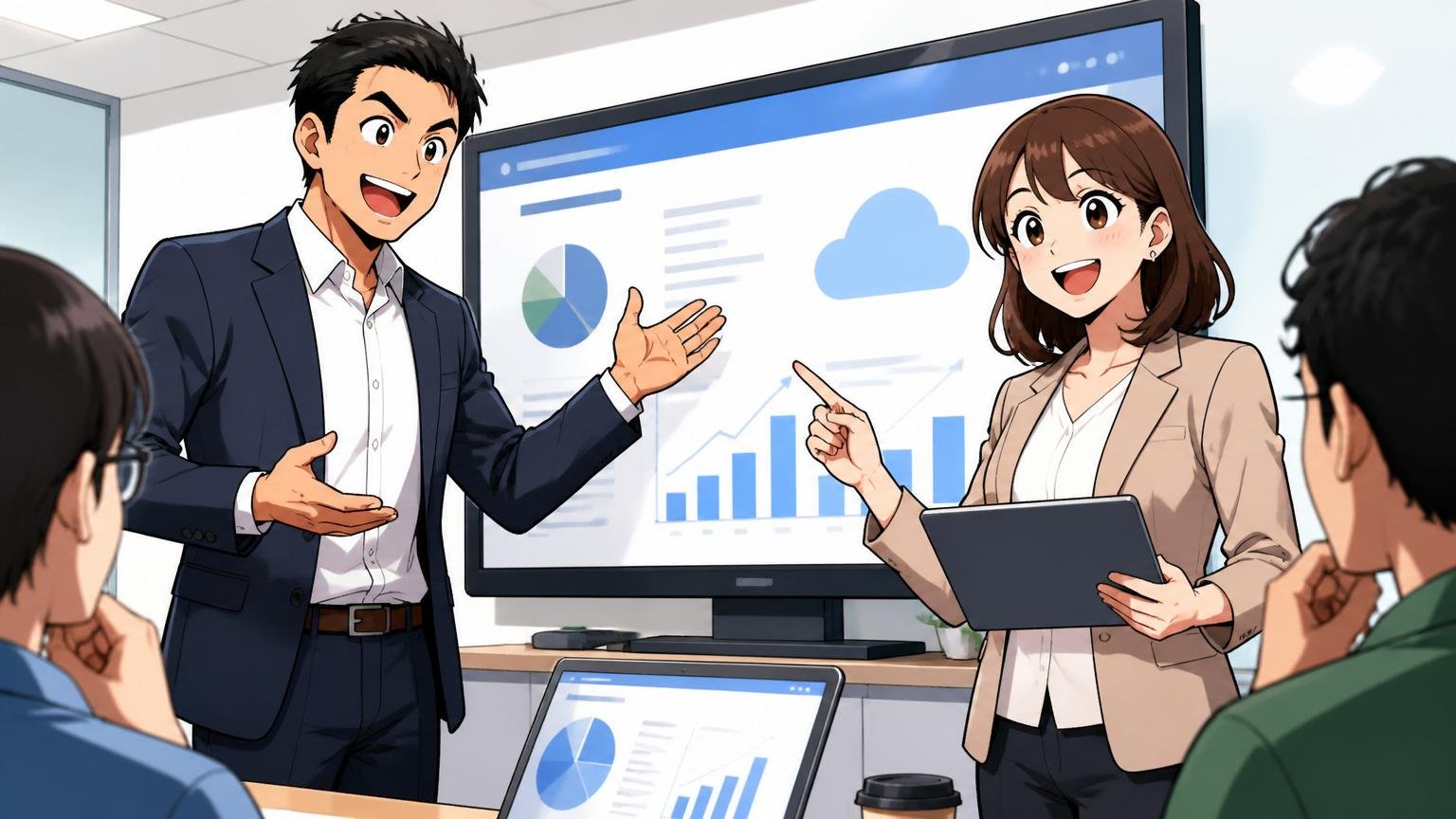 SaaS企業の営業エンジニア/外資ITの会議室/30代女性1人と男性1人/笑顔で顧客に提案する