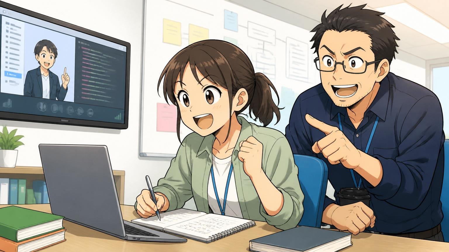合う人②：教育制度を活かして自走できるタイプ／企業の研修ルーム／20代女性エンジニア1人と30代メンター1人／オンライン研修を熱心に受講