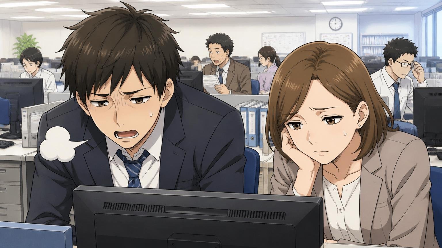 深いため息をつく若手社員の業務系企業のフロア、20代男性と30代女性の2人、表情を曇らせて画面を見る