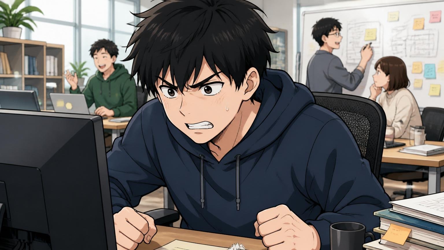 ANAシステムズに向いていない人。Web系スタートアップのオフィスで20代男性が悔しい表情でモニターを見つめる