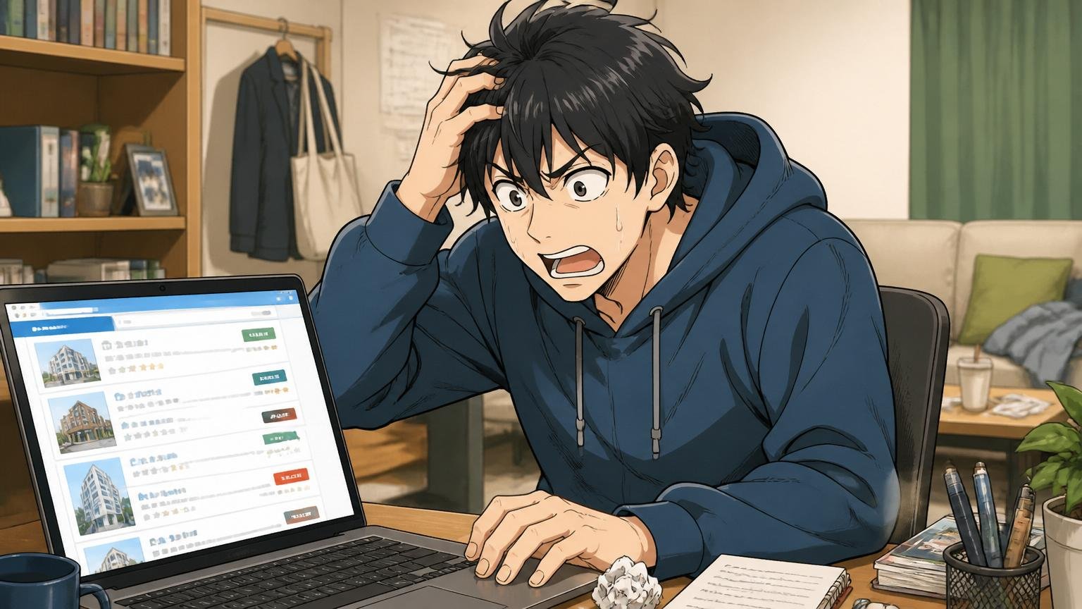 Web系スタートアップに憧れる20代エンジニア1人、自宅で求人サイトを眺めながら焦りの表情