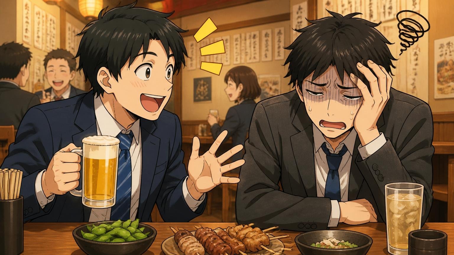 ホワイト部署と疲弊部署の差｜居酒屋で同期男性2人が真逆の表情で語り合う様子