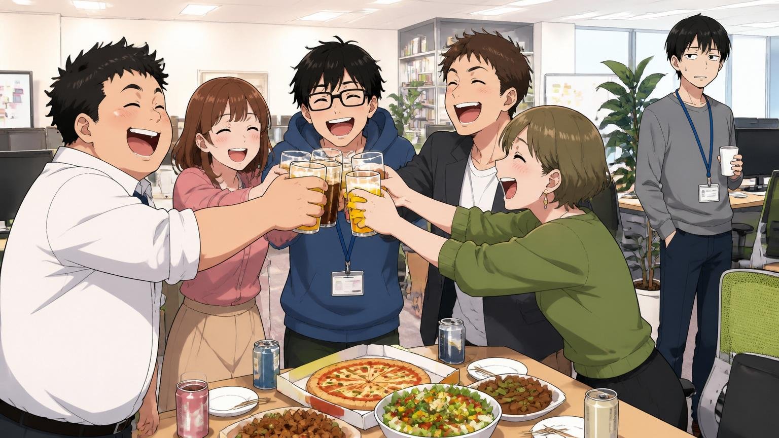 Web系企業のオフィスで懇親会のように笑顔で乾杯する5人の社員と、その輪の外で苦笑いする1人