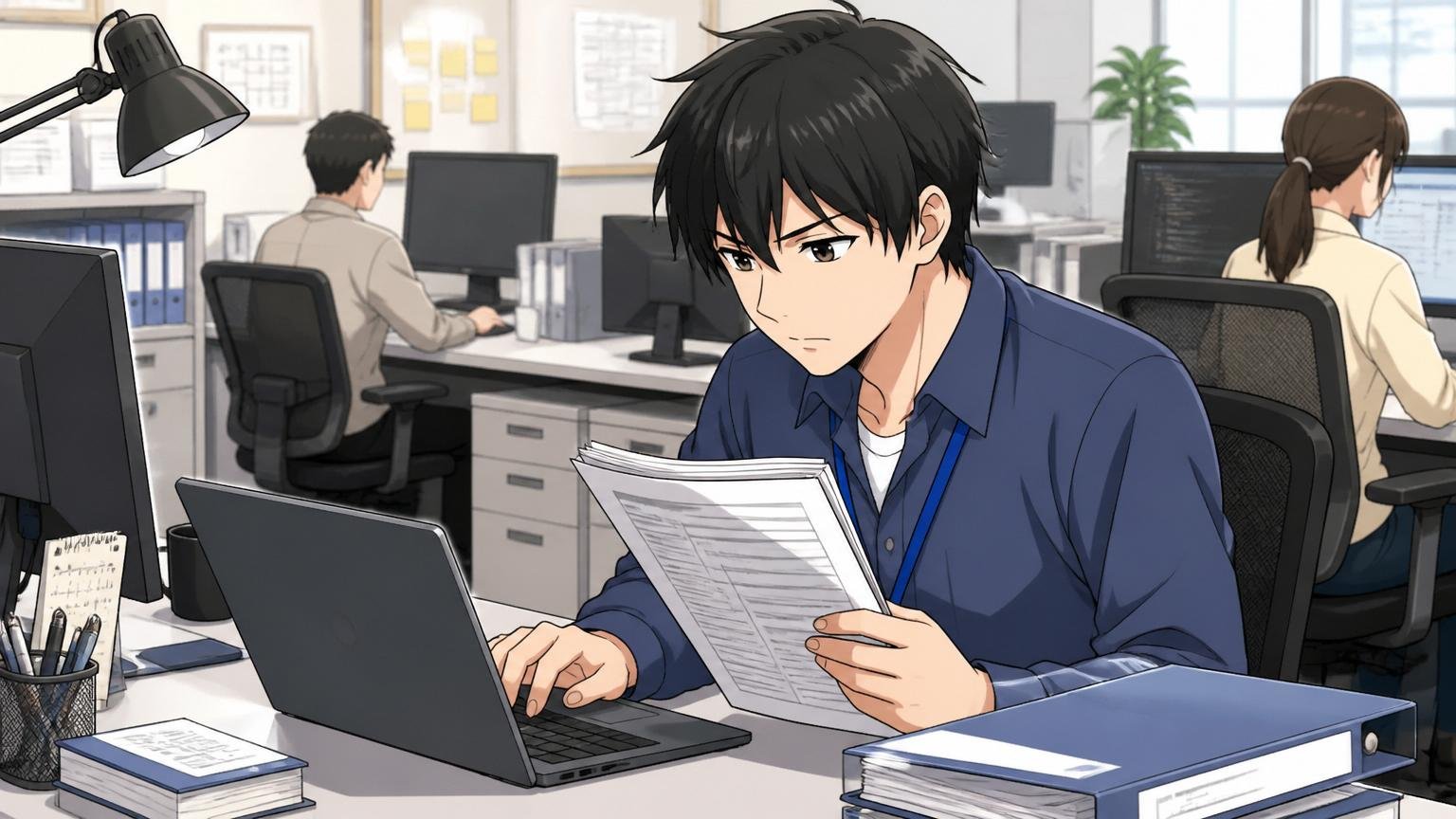 向いていない人。SIerの開発現場で男性エンジニア1名が決められた仕様書を黙々と読みPCで作業をしている落ち着いた職場の様子