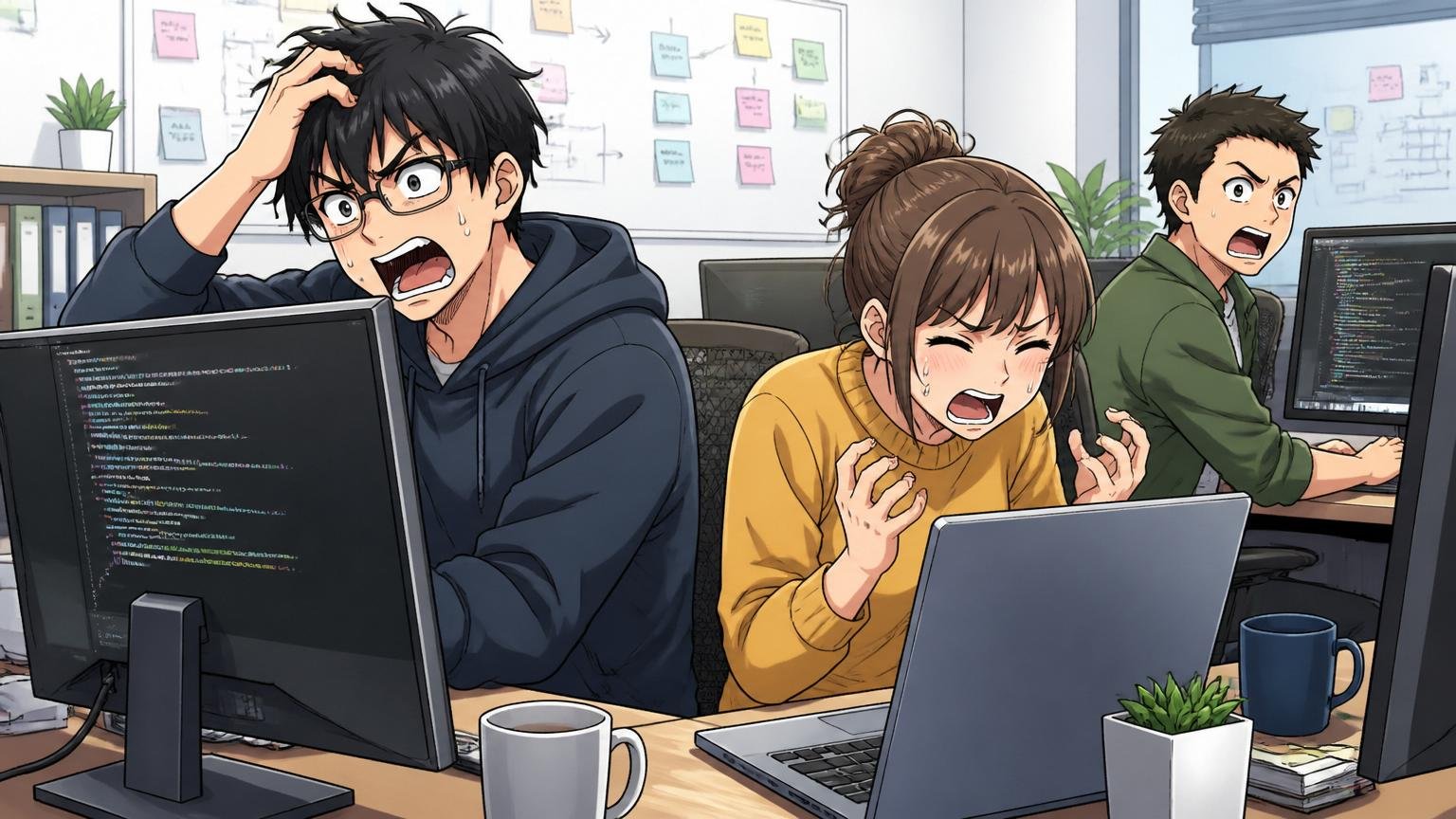 モダン技術・裁量・短期年収アップを求めるタイプは向いていない／Web系スタートアップのオフィスでモニターを見ながら開発する20代男女エンジニア3人