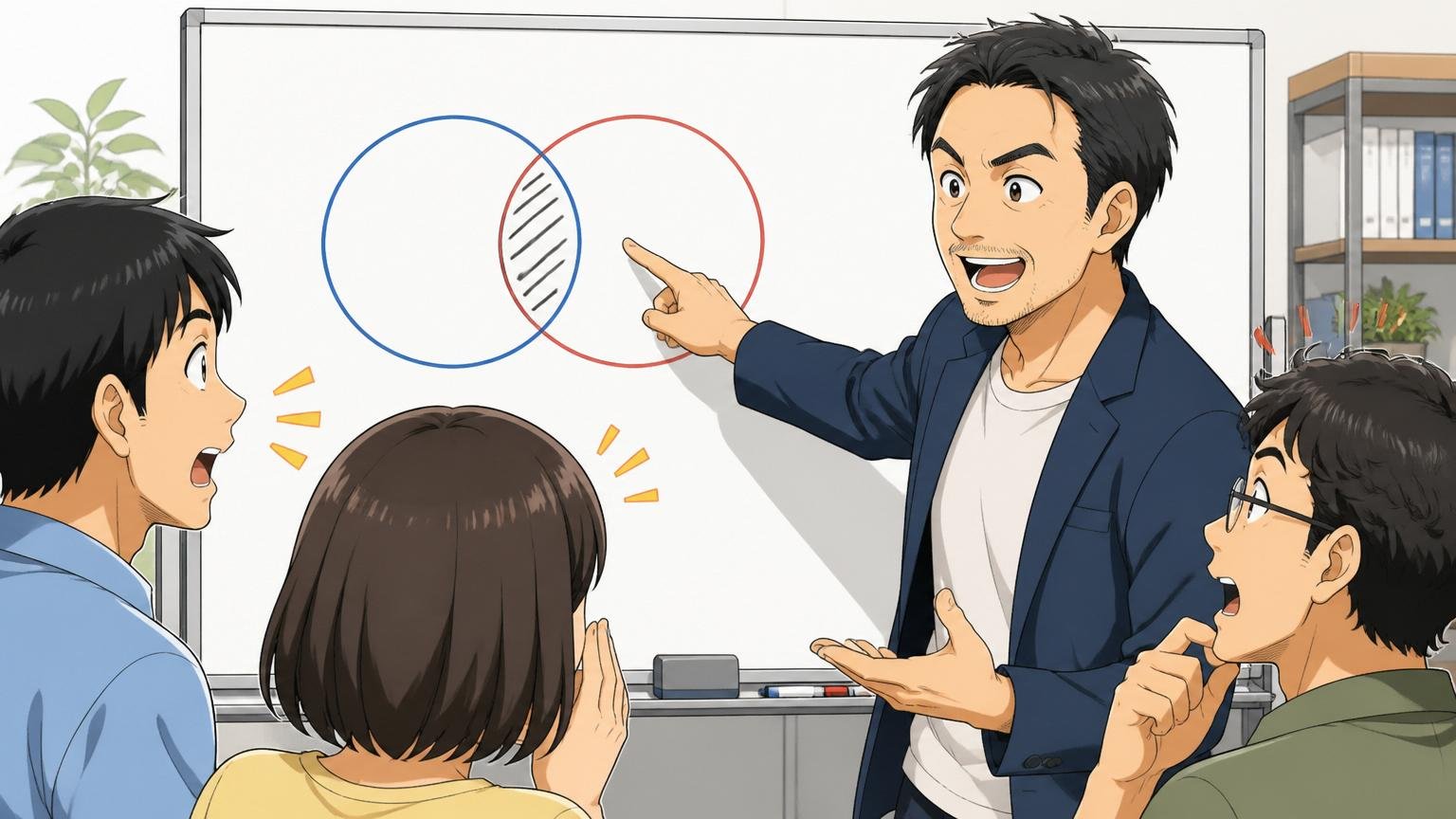 2つの円が重なるベン図を指差しながら「カルチャーミスマッチとブラックは違う」と説明する40代男性メンター