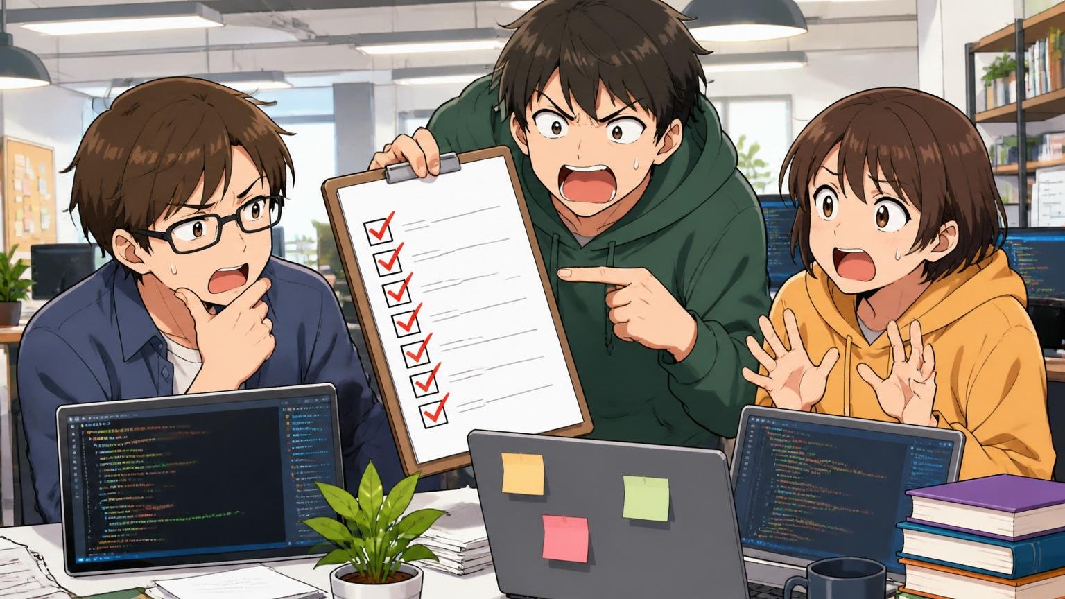 「向いていない人」の特徴チェックリスト。Web系スタートアップのオフィスでモダン技術を学ぶ若手エンジニア3名