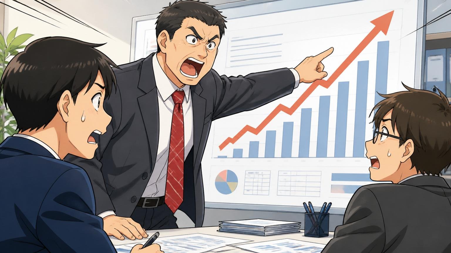 個人ノルマと成果主義の評価制度。営業オフィスで売上目標のグラフを前に管理職1人と部下2人が話す