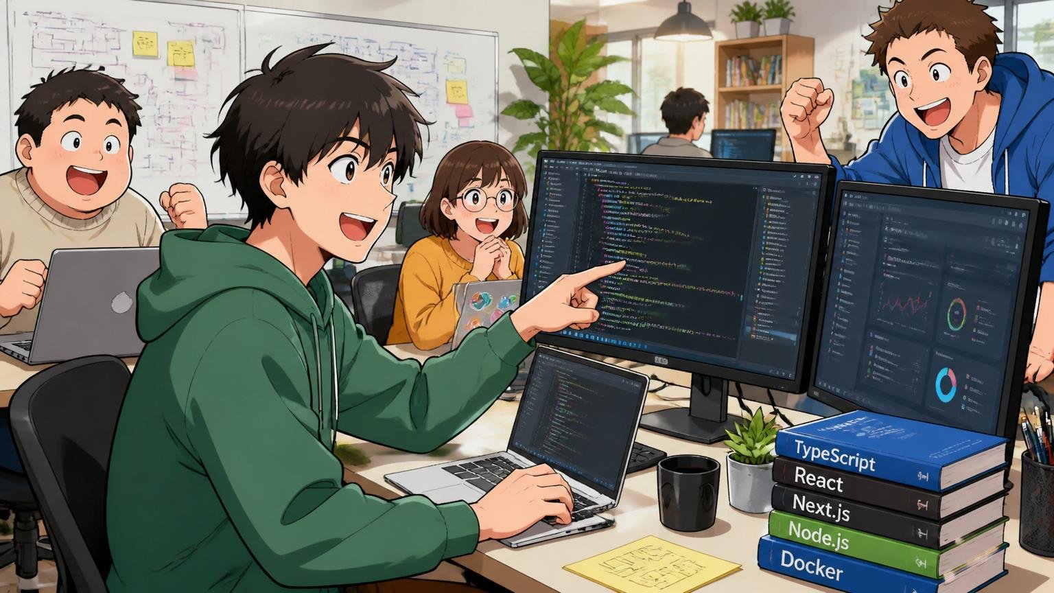 Web系スタートアップのオフィスで若手エンジニアが新しい技術スタックを使ってモダンな開発をしている