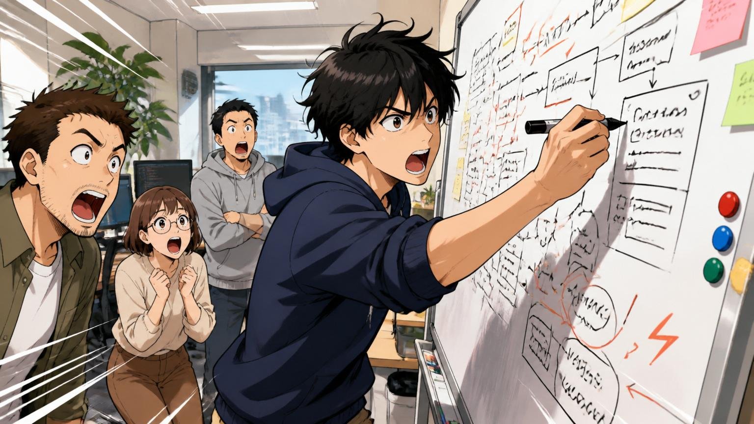 向いていない人の特徴。Web系スタートアップのオフィスでスピード感あるベンチャーエンジニアが情熱的にホワイトボードに書き込む場面