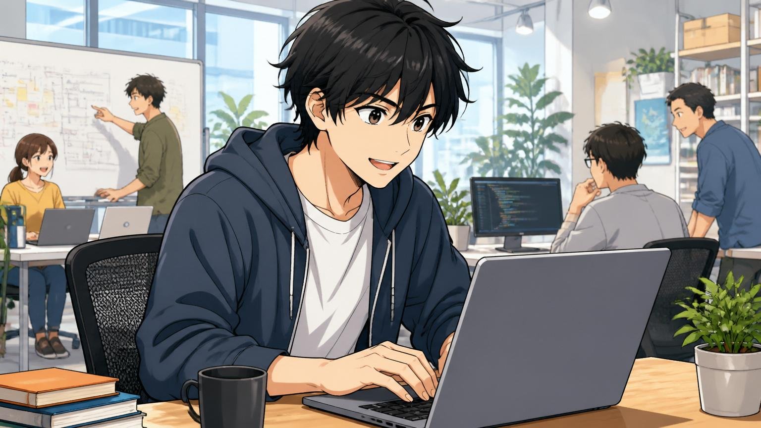 モダンな技術と裁量を求めるエンジニア。Web系スタートアップのオフィスでノートPCに向かう20代男性1人、前向きな表情