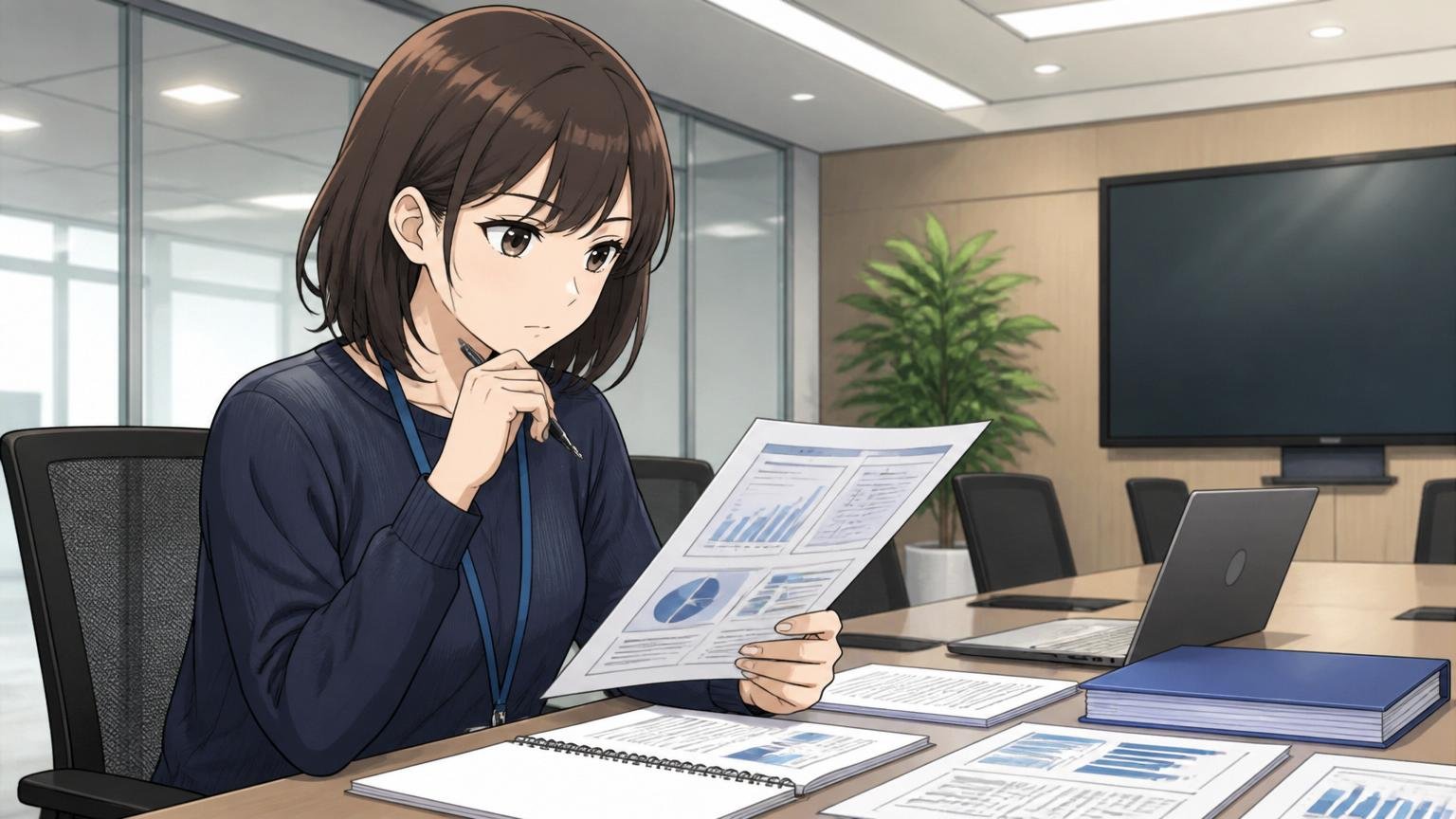 ジーニーが向いていない人の特徴。大手企業の落ち着いた会議室で30代女性エンジニアが計画的に研修資料を確認する静かな表情