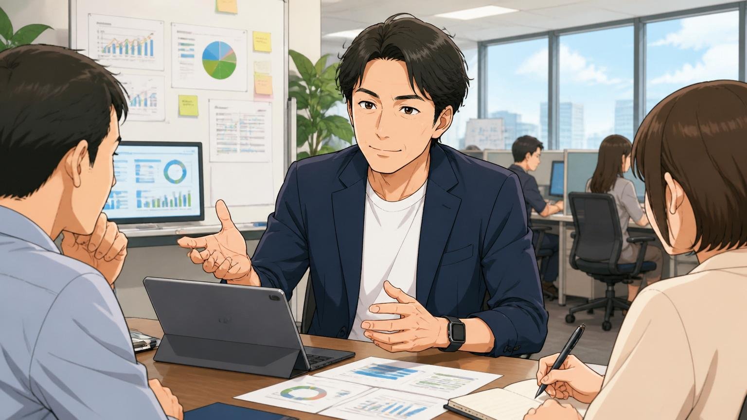 大手事業会社のDX推進部門のオフィスで部下と打ち合わせるシグマクシス出身のDXリーダー1人、落ち着いた表情