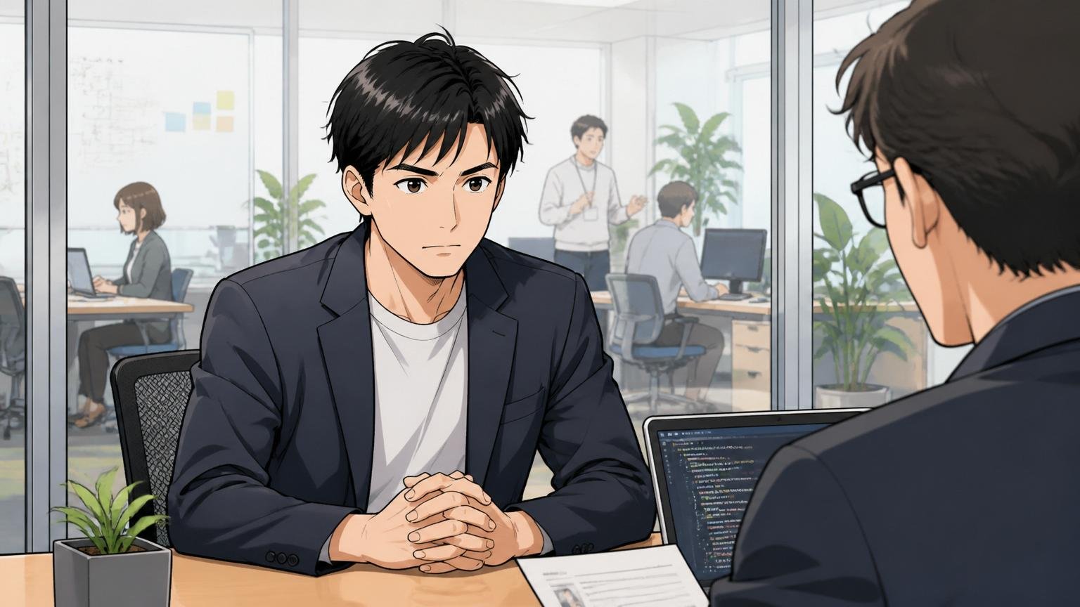 転職して環境を変える選択 Web系スタートアップのオフィスで面接を受ける30代男性エンジニア1人 真剣な表情