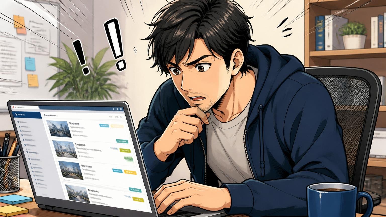 自宅のデスクで在宅勤務する30代エンジニアが転職サイトを真剣に閲覧している