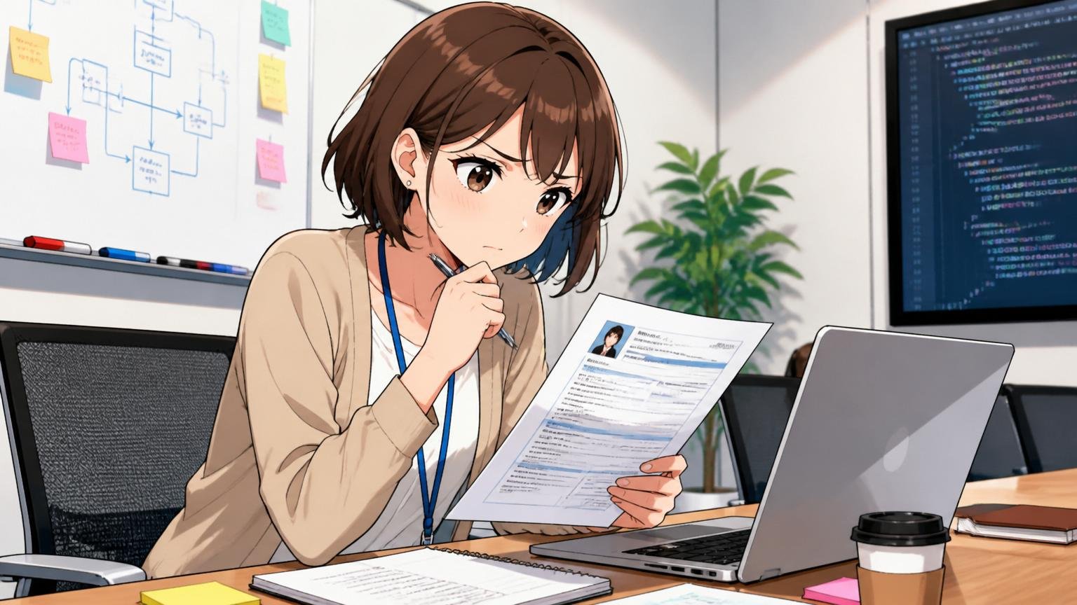 SIerの会議室で30代女性エンジニアが職務経歴書のドラフトを見直す